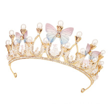 Handmade Baroque Pearl Rhinestone Butterfly Half Round Tiara Designer Wedding Bride Crown Hairband Hair Accessories for Women